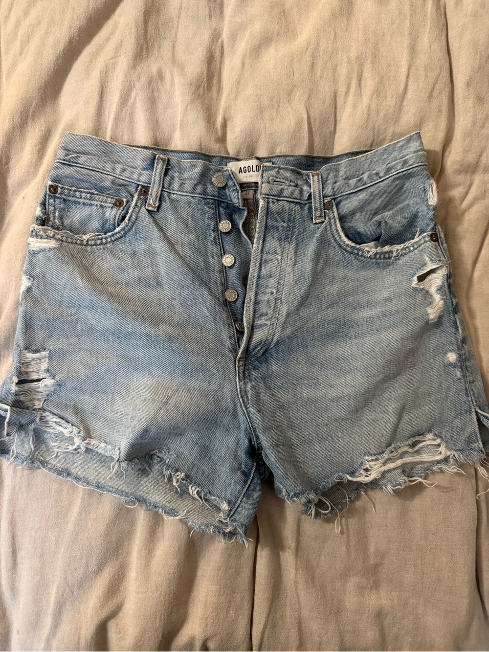 Agolde Light Wash Distressed Denim Cutoff Shorts
